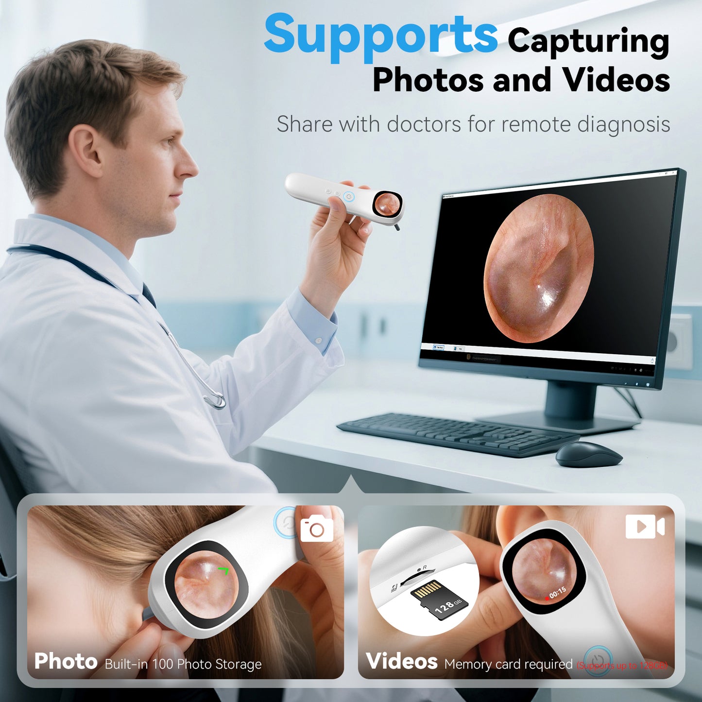 Netcare HD Video Otoscope with Screen | 3.2mm Slim Tip | Rechargeable, Otoscope for Doctors, Clinics | Built-in Storage + SD Card Support Q12